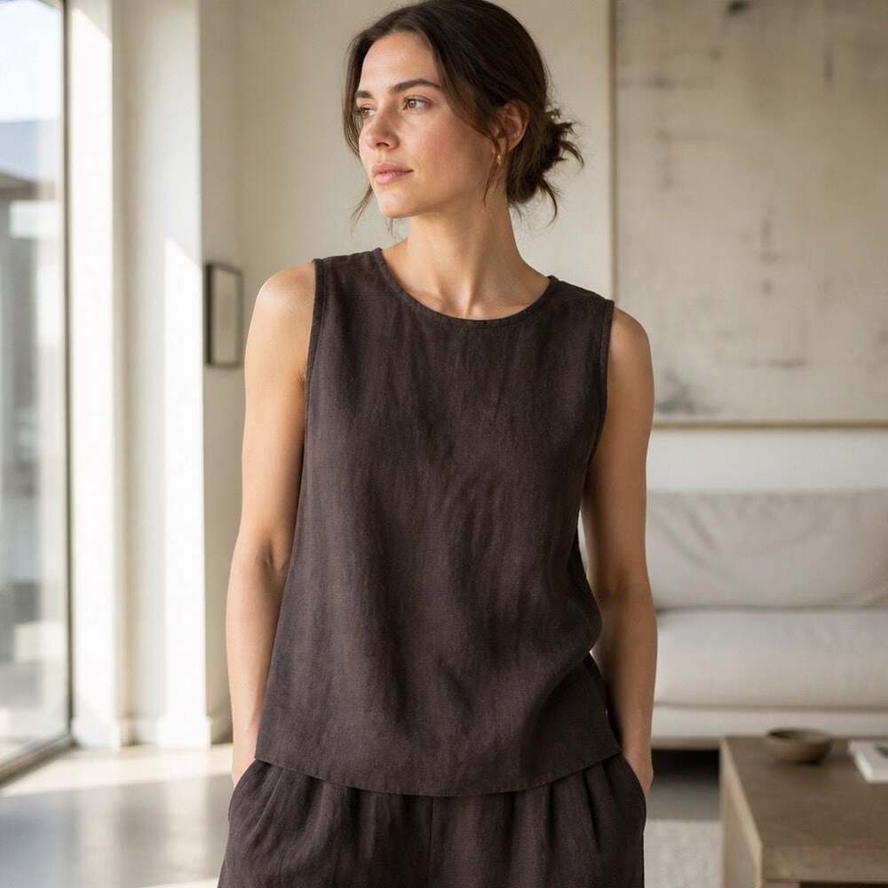 Eileen Fisher Brown Sleeveless Linen Tank Top